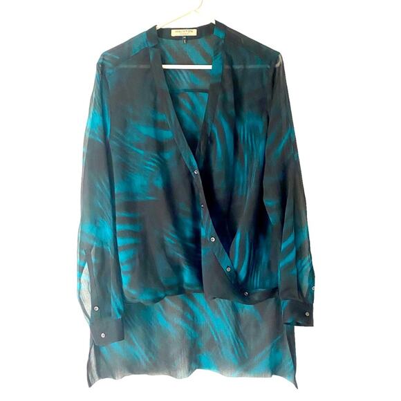 Halston Heritage Green Black Sheer Blouse Mock Wrap Drape Top size 14 - Picture 1 of 7